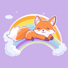 Fox lying on rainbow, vector illustration.