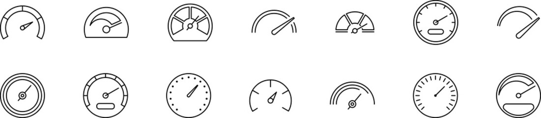 Speedometer thin line icons set. Dashboard, indicator, gauge, scale, tachometer icon isolated. Car speed. Fast internet speed sign. Speedometer sign.