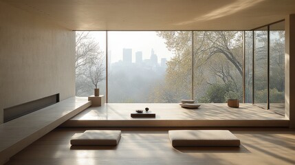 Fototapeta premium Minimalist room with floor seating, city view.