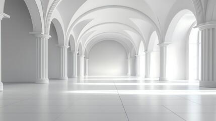 Elegant White Hallway with High Arches and Columns