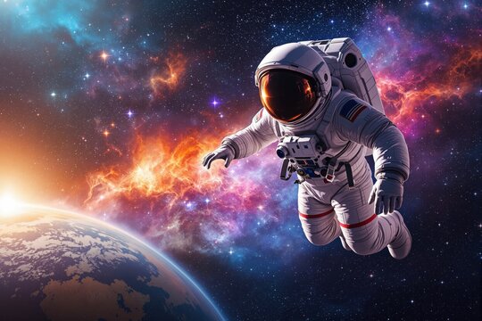 Astronaut in white suit floating in outer space near Earth, colorful nebula background, creative cosmic concept with stars and light. Ai generative