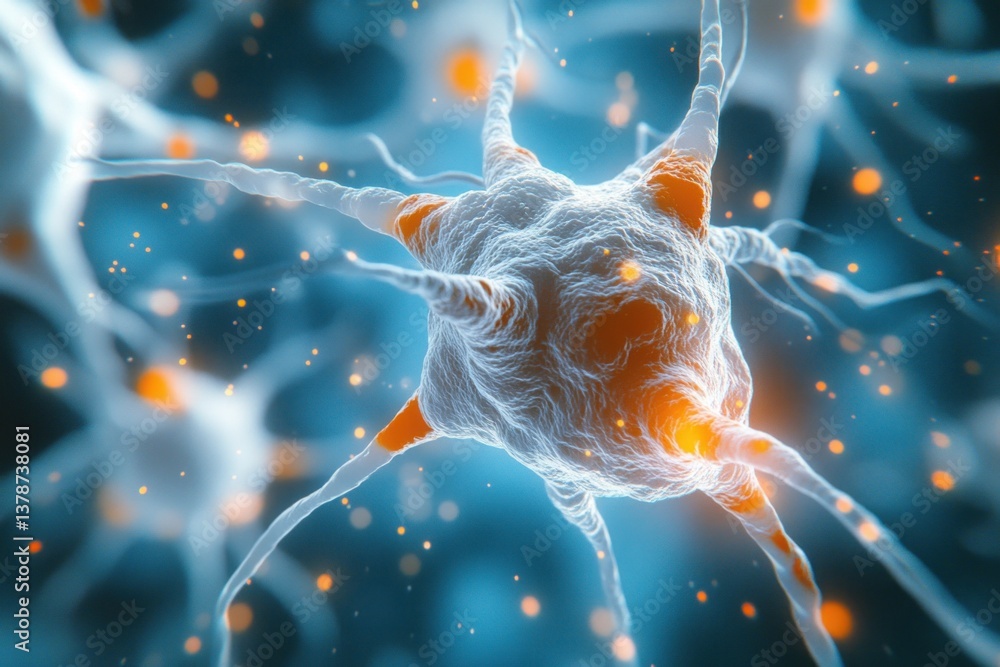 Poster detailed depiction of human neurons with complex extensions and interactions, illustrating the found