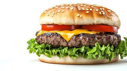 Juicy Hamburger with Melted Cheese Tomato and Lettuce on a Sesame Seed Bun on a White Background Delicious American Cuisine Served with Fresh Ingredients