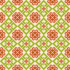 Charming seamless vector pattern with swirling floral motifs in red and green on cream. Perfect for textile, wallpaper, craft projects, and rustic decor with a cozy folk style.