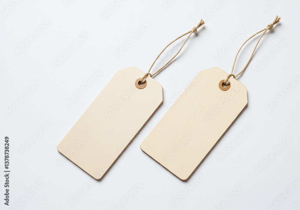 Poster two blank tags with strings, ready for customization. the tags have a simple, elegant design and are