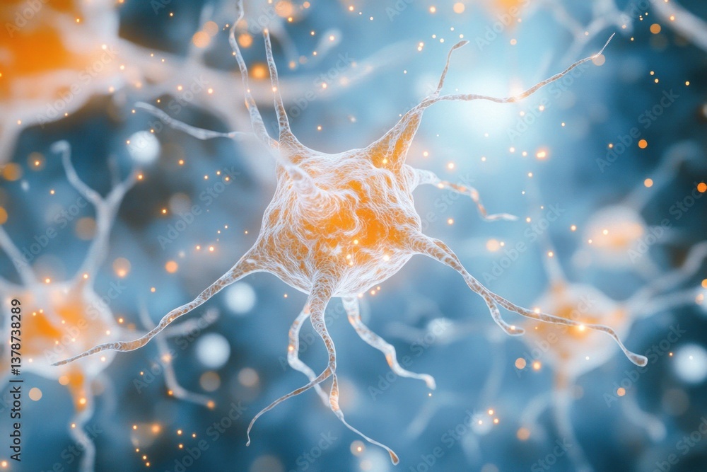 Poster detailed depiction of human neurons highlights their complex structure and vibrant interactions with
