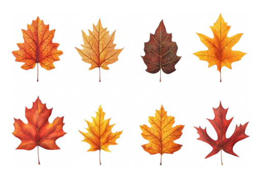 isolated transparent Background. Beautifully detailed maple and oak leaves in vibrant autumn colors evoke sense of nature beauty