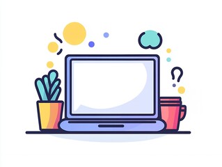 Laptop Workspace Illustration: Modern Minimalist Design Featuring a Laptop, Plant, and Coffee Cup