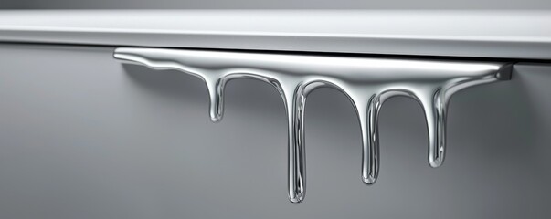 A close-up of liquid metal dripping from a sleek surface, showcasing the fluidity and reflective quality of the material.