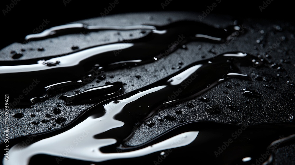 Poster a close-up shot of black liquid with reflections on a dark surface, creating a sleek and modern visu