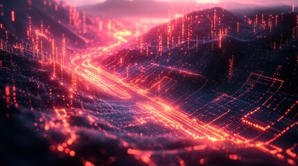 Futuristic glowing red digital landscape with roads and city lights.