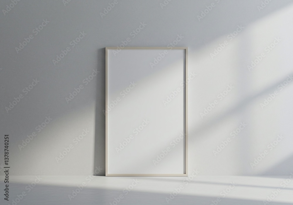 Poster empty portrait picture frame leaning against a wall with sunlight casting shadows. the frame is read