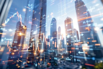Financial data charts over modern skyscrapers, glowing graphic style, city background, concept of futuristic finance and trading technology, Ai generative
