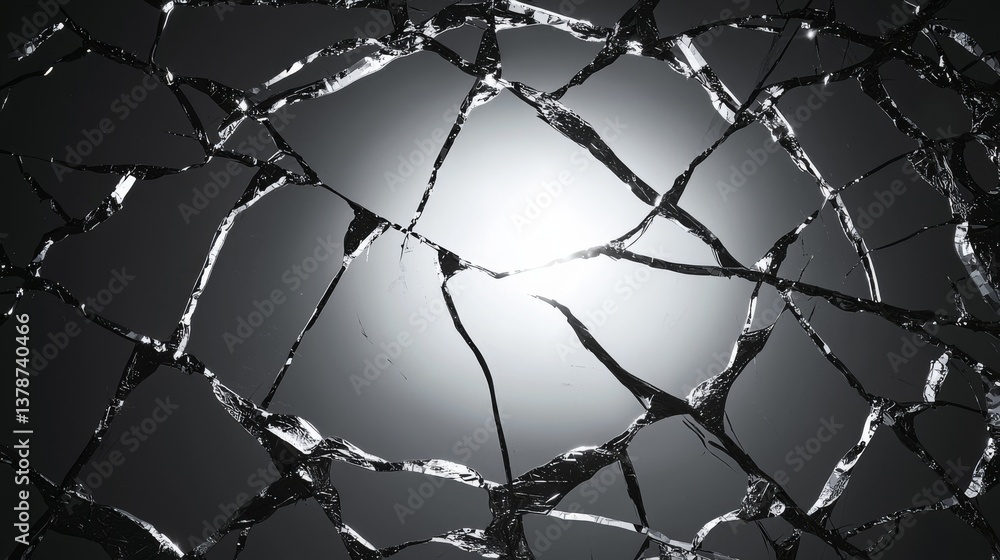 Poster a close-up view of abstract shattered glass patterns, revealing light through cracks for a dramatic 