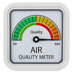 An air quality meter displaying levels of air quality on a gauge, with indicators in green, yellow, and red zones.