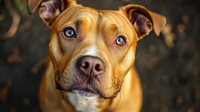 A playful dog gazes upward with expressive eyes while sitting on the ground in a park during daylight