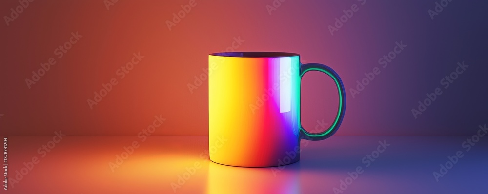 Aufkleber a colorful mug sits on a reflective surface, illuminated by vibrant lights that create a visually st