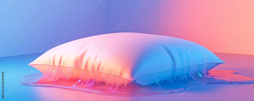 Poster a colorful pillow resting on a surface, creating a surreal dream-like atmosphere with soft pastel co