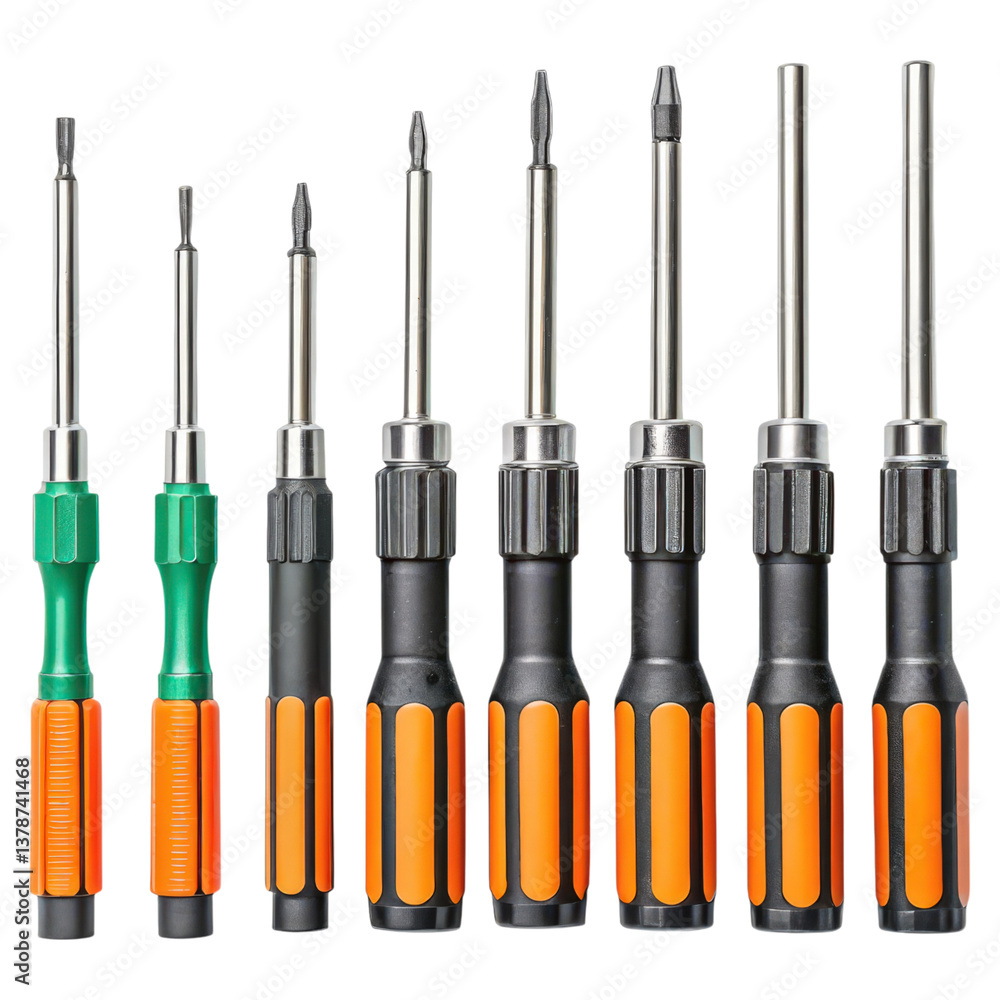 Poster a set of screwdrivers with various tip types, featuring ergonomic handles in green and orange for im