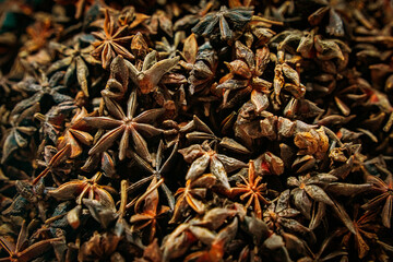 Abstract background image of star anise or chinese badiane spice or Illicium verum	