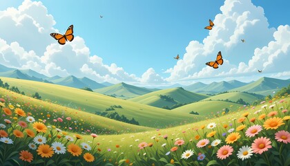 Fototapeta premium Idyllic Spring Meadow Landscape, Butterflies flutter over a vibrant flower meadow.