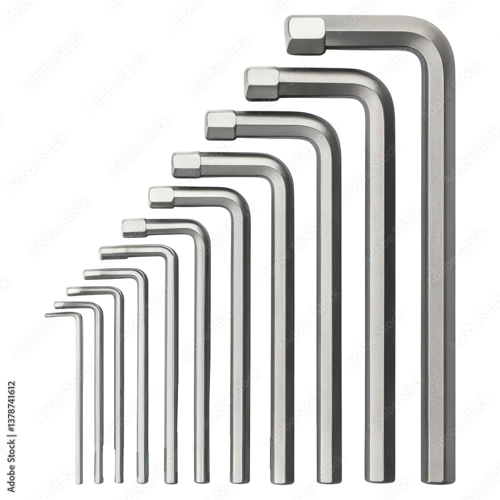 Poster a series of metal hex keys of varying sizes arranged in a line, showcasing their distinct shapes and