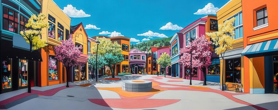 Rear view of a vibrant street mural blending surrealism and modern ideas, bold colors, whimsical shapes, urban setting