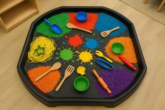 Colorful tuff tray activity set up in nursery 