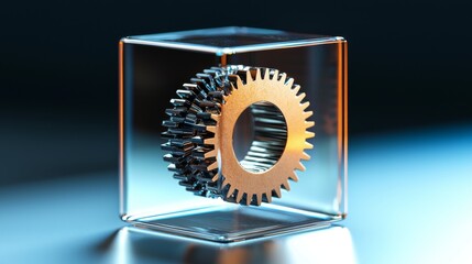 A detailed gear displayed in a glass cube, highlighting engineering precision, innovation, and modern design in technology.