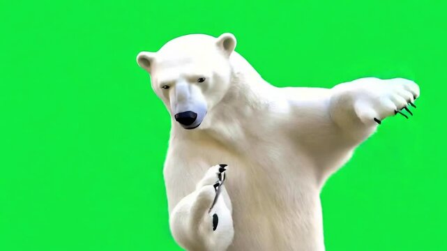 Cartoon dancing polar bear on green screen waving paws funny whimsical chroma key character playful animation mascot design white furry animal humor. White bear green screen dance funny adorable funky