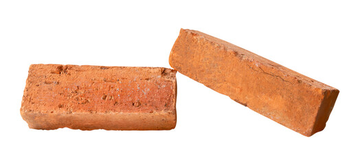 Side view of two cracked old red or orange bricks in stack isolated with clipping path in png file...