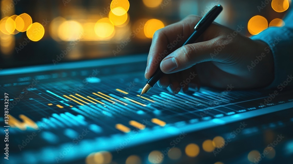 Aufkleber person using a pen on a digital tablet displaying vibrant data visualizations in a modern workspace