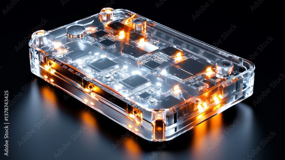 Poster a futuristic transparent device with glowing components, showcasing advanced technology and intricat