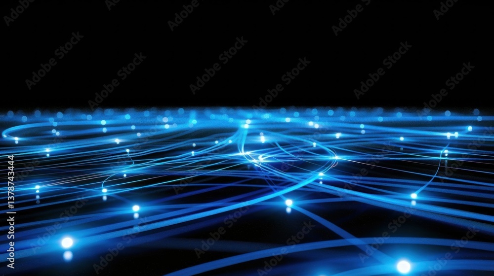 Poster abstract digital network pattern with interconnected lines and circles in blue.