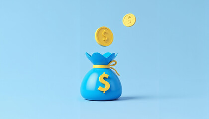 Cartoon money bag design in blue with yellow dollar sign and coins, ideal for finance concepts
