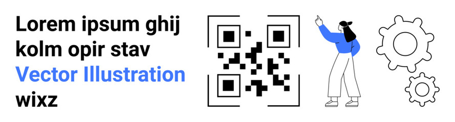 Female figure gestures toward QR code near gears and placeholder text. Ideal for technology, systems, marketing, navigation, coding, modern communication, simple landing page