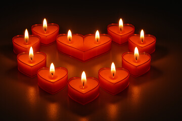 Red heart-shaped candles glow on a dark reflective surface, arranged in a large heart. Romantic and intimate ambiance.
