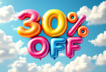 Colorful balloon typography depicting 30% off sale in a cloudy sky for promotional design