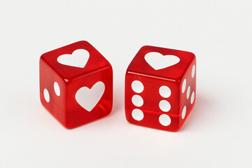 Two red transparent dice with heart-shaped pips rest on a clean white surface. Light and symbolic for romantic themes.