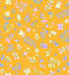 pattern on a colorful background with a  wild  flowers of different sizes artwork for tattoo, fabrics, souvenirs, packaging, greeting cards and scrapbooking