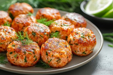 Fototapeta premium Vintage Plate Featuring Small Fried Fish Cakes Garnished with Fresh Herbs