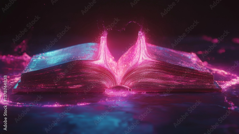 Poster a mesmerizing open book with vibrant, colorful splashes of water, creating a magical and artistic vi