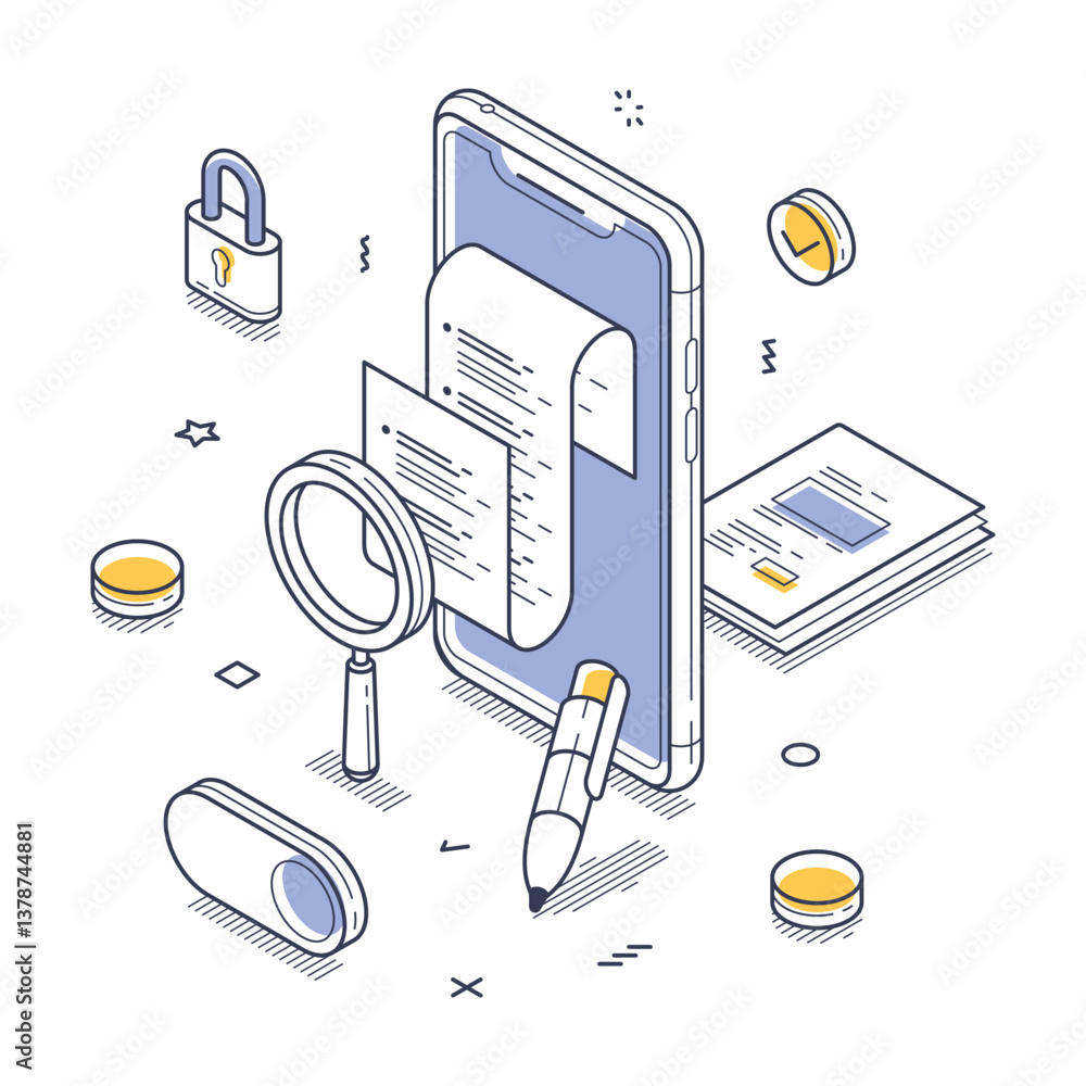 Poster isometric representation of digital document management, highlighting a smartphone displaying a rece