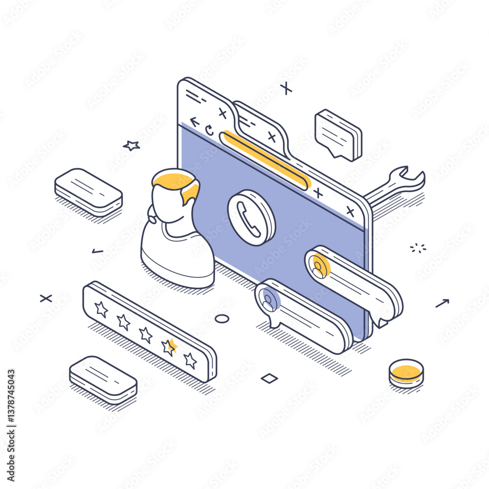 Poster modern isometric vector illustration showcasing a customer support interface. it displays user profi