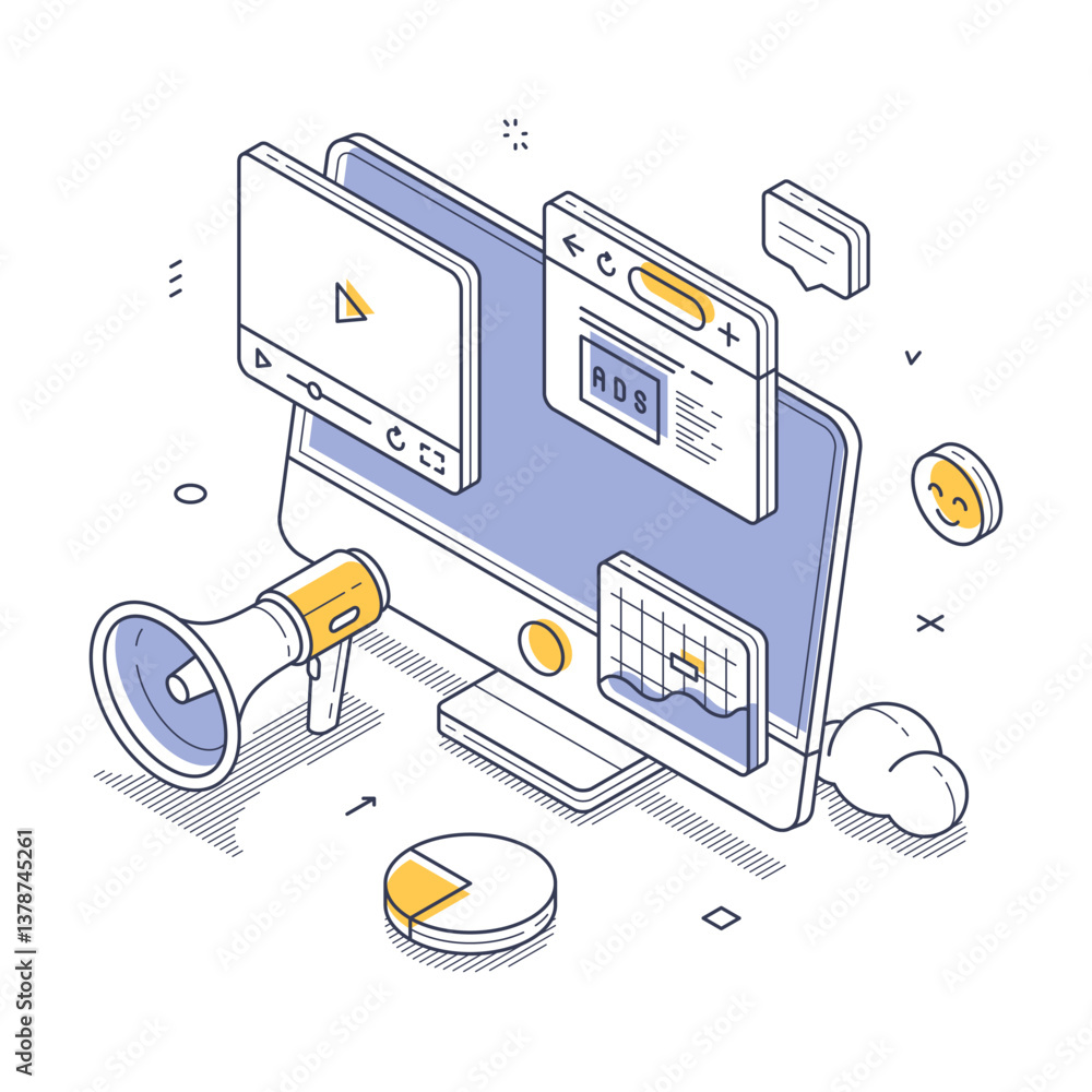 Poster various elements of digital marketing, including a computer displaying ads, multimedia content, anal