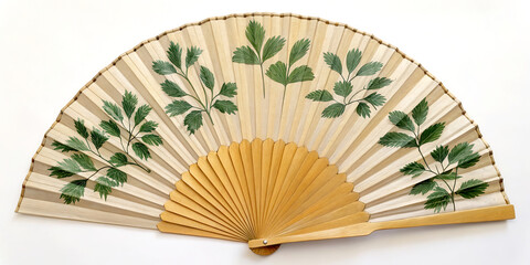 Chinese medicine elderly health concept. Elegant decorative fan featuring leaf patterns on a light background.