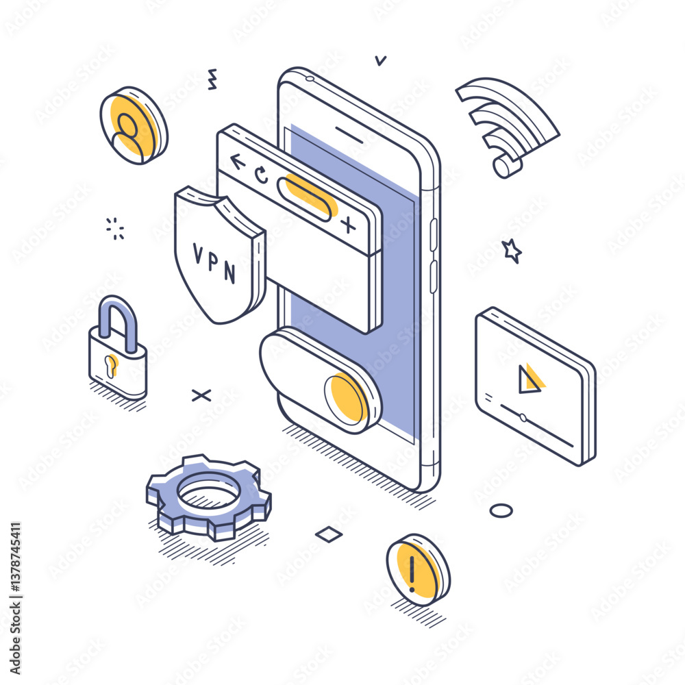 Poster vpn access technology concept. design presents a smartphone surrounded by elements representing digi