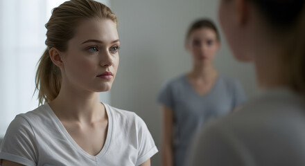 Fototapeta premium Fair Haired Woman Having a Conversation with Friends Wearing White T Shirt Indoor with Neutral Background