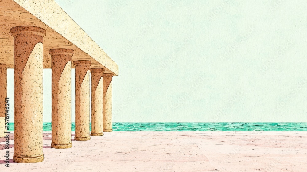Poster serene coastal view with classical columns and tranquil ocean scene