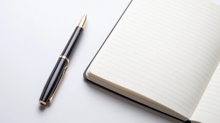 Pen and Notebook: A sleek, black pen rests beside an open, blank notebook. It is ready to be filled with ideas, thoughts, or plans.
